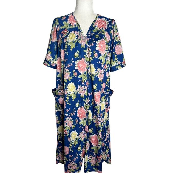 Anthony Richards Blue Floral Housecoat Pockets Medium Short Sleeve Lightweight - Picture 1 of 6